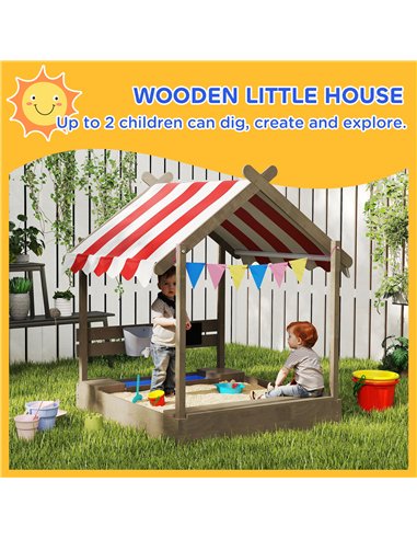 Outsunny House-Designed Wooden Sandbox, Outdoor Sandpit, with Blackboard, Toys, Sink, Seats, Flags, for Ages 3-7 Years - Grey