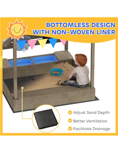 Outsunny House-Designed Wooden Sandbox, Outdoor Sandpit, with Blackboard, Toys, Sink, Seats, Flags, for Ages 3-7 Years - Grey