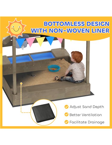 Outsunny House-Designed Wooden Sandbox, Outdoor Sandpit, with Blackboard, Toys, Sink, Seats, Flags, for Ages 3-7 Years - Grey - pic 131479 | FastDaddyshop