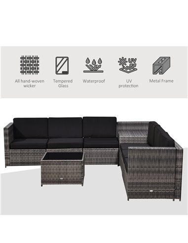 Outsunny 6 Seater Rattan Garden Furniture Patio Rattan Sofa and Table Set with Cushions 8 pcs Corner Wicker Seat Grey