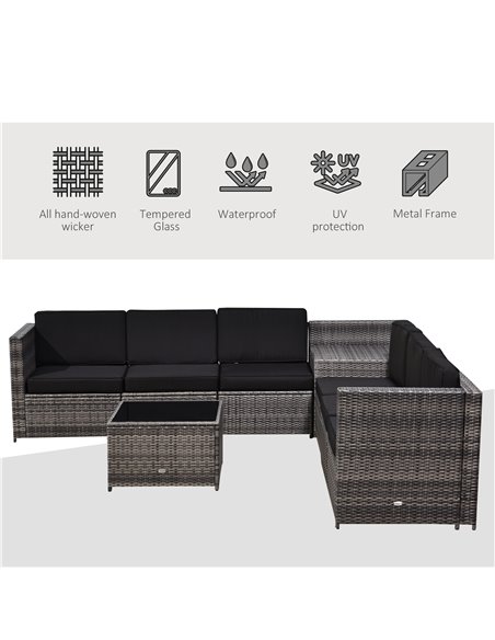 Outsunny 6 Seater Rattan Garden Furniture Patio Rattan Sofa and Table Set with Cushions 8 pcs Corner Wicker Seat Grey - pic 13148 | FastDaddyshop