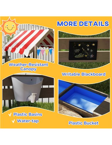 Outsunny House-Designed Wooden Sandbox, Outdoor Sandpit, with Blackboard, Toys, Sink, Seats, Flags, for Ages 3-7 Years - Grey