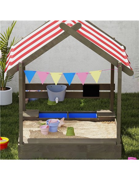Outsunny House-Designed Wooden Sandbox, Outdoor Sandpit, with Blackboard, Toys, Sink, Seats, Flags, for Ages 3-7 Years - Grey - pic 131482 | FastDaddyshop