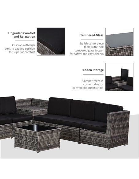 Outsunny 6 Seater Rattan Garden Furniture Patio Rattan Sofa and Table Set with Cushions 8 pcs Corner Wicker Seat Grey - pic 13149 | FastDaddyshop