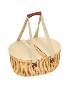Outsunny Wicker Picnic Basket for 2 with Pine Wood Lid, Picnic Hamper with Cooler Compartment, Cutlery Service Kits, Carry Handl