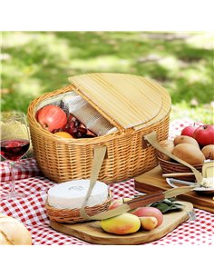 Outsunny Wicker Picnic Basket for 2 with Pine Wood Lid, Picnic Hamper with Cooler Compartment, Cutlery Service Kits, Carry Handl 2