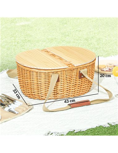 Outsunny Wicker Picnic Basket for 2 with Pine Wood Lid, Picnic Hamper with Cooler Compartment, Cutlery Service Kits, Carry Handl