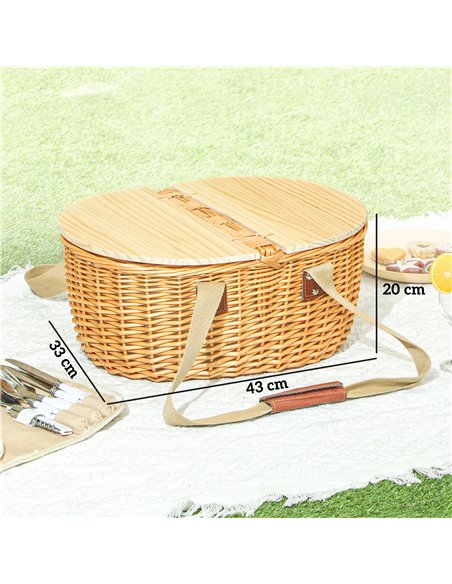 Outsunny Wicker Picnic Basket for 2 with Pine Wood Lid, Picnic Hamper with Cooler Compartment, Cutlery Service Kits, Carry Handl - pic 131495 | FastDaddyshop