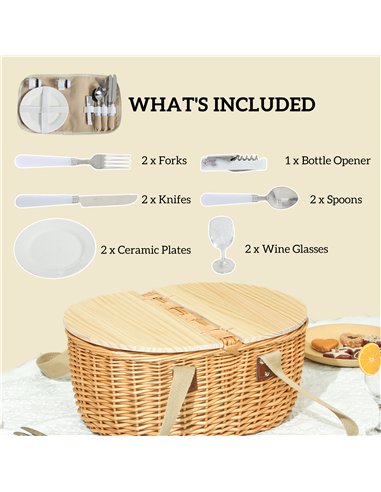 Outsunny Wicker Picnic Basket for 2 with Pine Wood Lid, Picnic Hamper with Cooler Compartment, Cutlery Service Kits, Carry Handl