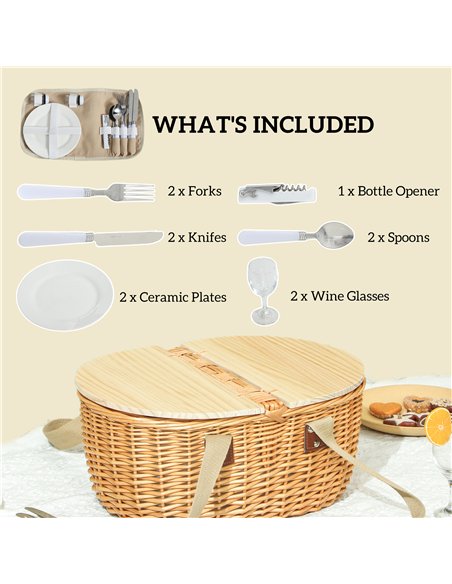 Outsunny Wicker Picnic Basket for 2 with Pine Wood Lid, Picnic Hamper with Cooler Compartment, Cutlery Service Kits, Carry Handl - pic 131496 | FastDaddyshop