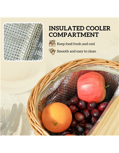 Outsunny Wicker Picnic Basket for 2 with Pine Wood Lid, Picnic Hamper with Cooler Compartment, Cutlery Service Kits, Carry Handl