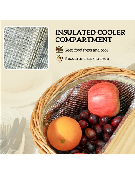 Outsunny Wicker Picnic Basket for 2 with Pine Wood Lid, Picnic Hamper with Cooler Compartment, Cutlery Service Kits, Carry Handl - pic 131497 | FastDaddyshop