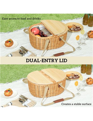 Outsunny Wicker Picnic Basket for 2 with Pine Wood Lid, Picnic Hamper with Cooler Compartment, Cutlery Service Kits, Carry Handl