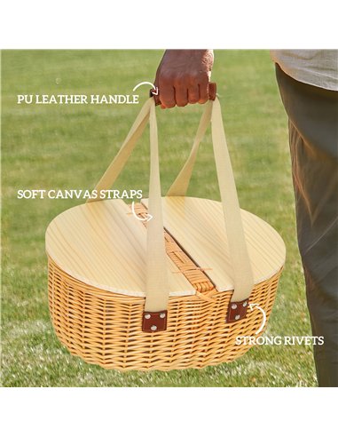 Outsunny Wicker Picnic Basket for 2 with Pine Wood Lid, Picnic Hamper with Cooler Compartment, Cutlery Service Kits, Carry Handl