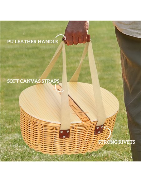 Outsunny Wicker Picnic Basket for 2 with Pine Wood Lid, Picnic Hamper with Cooler Compartment, Cutlery Service Kits, Carry Handl - pic 131499 | FastDaddyshop