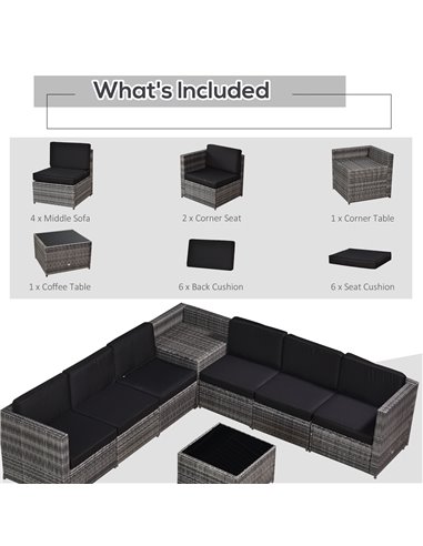 Outsunny 6 Seater Rattan Garden Furniture Patio Rattan Sofa and Table Set with Cushions 8 pcs Corner Wicker Seat Grey