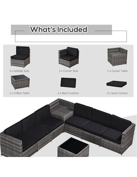 Outsunny 6 Seater Rattan Garden Furniture Patio Rattan Sofa and Table Set with Cushions 8 pcs Corner Wicker Seat Grey - pic 13150 | FastDaddyshop