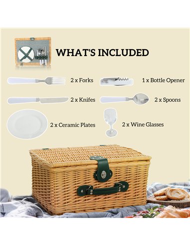 Outsunny Wicker Picnic Basket for 2 Person with Cooler Compartment, Picnic Hamper with Cutlery Service Kits and Carry Handle for