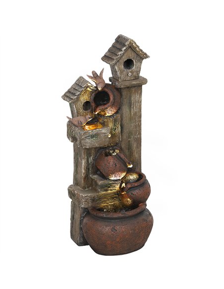 Outsunny 2-in-1 Waterfall Fountain with Birdhouse, Resin Garden Water Fountain with LED Lights Pump, Cascading Garden Water Feat - pic 131520 | FastDaddyshop