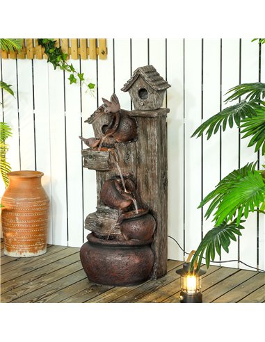 Outsunny 2-in-1 Waterfall Fountain with Birdhouse, Resin Garden Water Fountain with LED Lights Pump, Cascading Garden Water Feat
