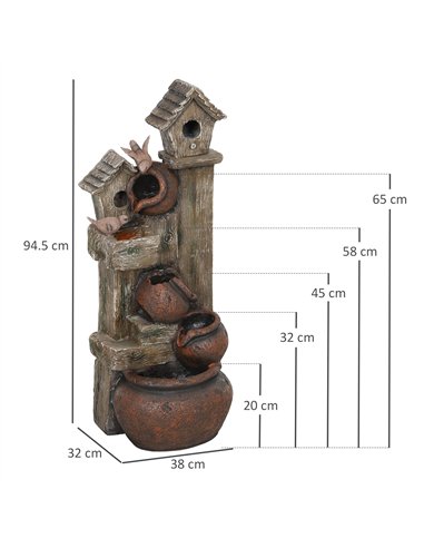 Outsunny 2-in-1 Waterfall Fountain with Birdhouse, Resin Garden Water Fountain with LED Lights Pump, Cascading Garden Water Feat