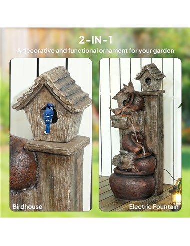Outsunny 2-in-1 Waterfall Fountain with Birdhouse, Resin Garden Water Fountain with LED Lights Pump, Cascading Garden Water Feat