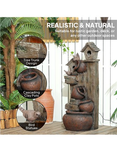 Outsunny 2-in-1 Waterfall Fountain with Birdhouse, Resin Garden Water Fountain with LED Lights Pump, Cascading Garden Water Feat