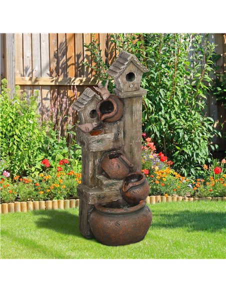 Outsunny 2-in-1 Waterfall Fountain with Birdhouse, Resin Garden Water Fountain with LED Lights Pump, Cascading Garden Water Feat - pic 131527 | FastDaddyshop