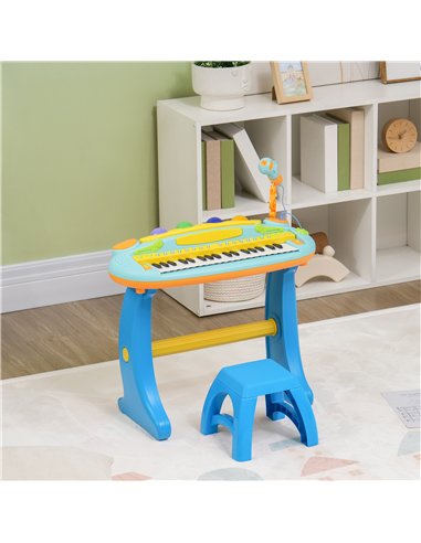 AIYAPLAY 37-Key Kids Piano w/ Microphone, Stool, LED Lights, Record & Replay, Function, Blue