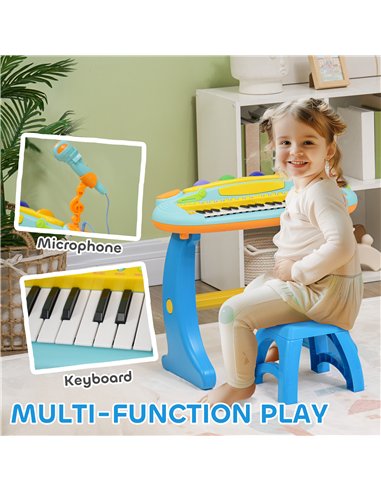 AIYAPLAY 37-Key Kids Piano w/ Microphone, Stool, LED Lights, Record & Replay, Function, Blue