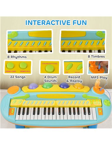 AIYAPLAY 37-Key Kids Piano w/ Microphone, Stool, LED Lights, Record & Replay, Function, Blue