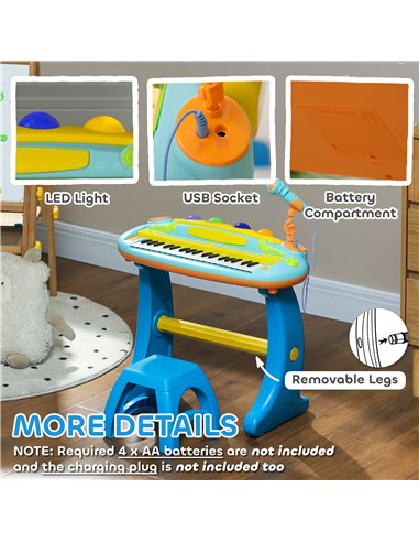 AIYAPLAY 37-Key Kids Piano w/ Microphone, Stool, LED Lights, Record & Replay, Function, Blue