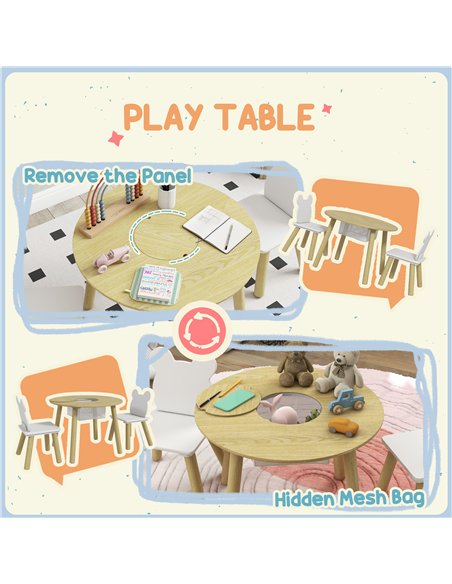AIYAPLAY 3-Piece Kids Activity Table Set with Centre Mesh Bag, Bear-Shaped Backrest, for Arts and Crafts, Reading, Dining - pic 131578 | FastDaddyshop