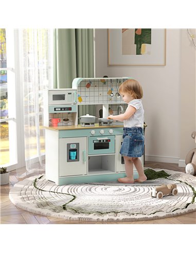 AIYAPLAY Toy Kitchen, Pretend Role Play Kitchen with Hob, Sound and Light, Coffee Machine, Ice Maker, Microwave