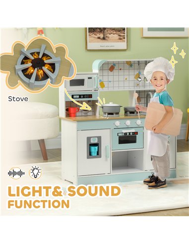 AIYAPLAY Toy Kitchen, Pretend Role Play Kitchen with Hob, Sound and Light, Coffee Machine, Ice Maker, Microwave