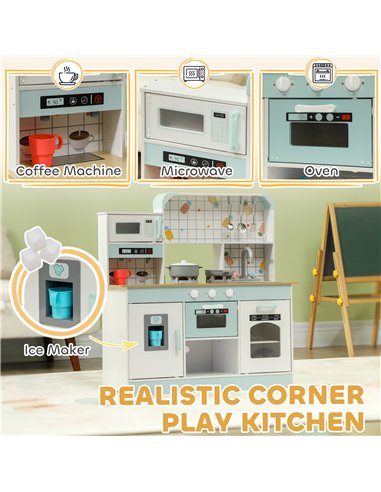 AIYAPLAY Toy Kitchen, Pretend Role Play Kitchen with Hob, Sound and Light, Coffee Machine, Ice Maker, Microwave