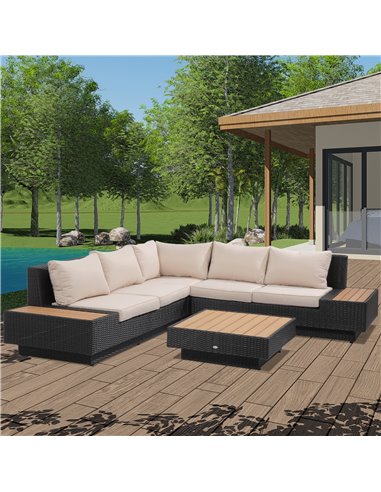 Outsunny 4 PCs Rattan Garden Furniture Corner Sofa and Coffee Table Set, Black