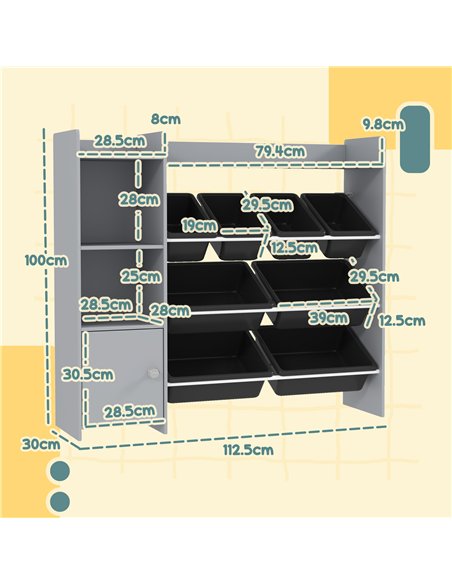 AIYAPLAY Toy Storage Unit with 8 Removable Bins, Storage Shelves, Cabinet, Grey - pic 131621 | FastDaddyshop