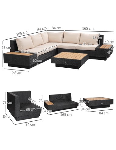 Outsunny 4 PCs Rattan Garden Furniture Corner Sofa and Coffee Table Set, Black