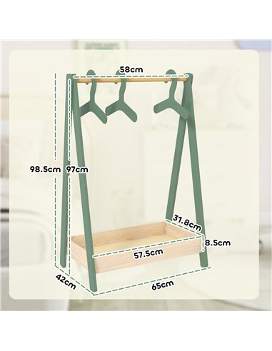 AIYAPLAY Kids Clothes Rail with 3Hangers, Bottom Storage Shelf for Girls, Boys, Nursery, Bedroom, Green