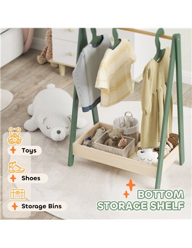 AIYAPLAY Kids Clothes Rail with 3Hangers, Bottom Storage Shelf for Girls, Boys, Nursery, Bedroom, Green