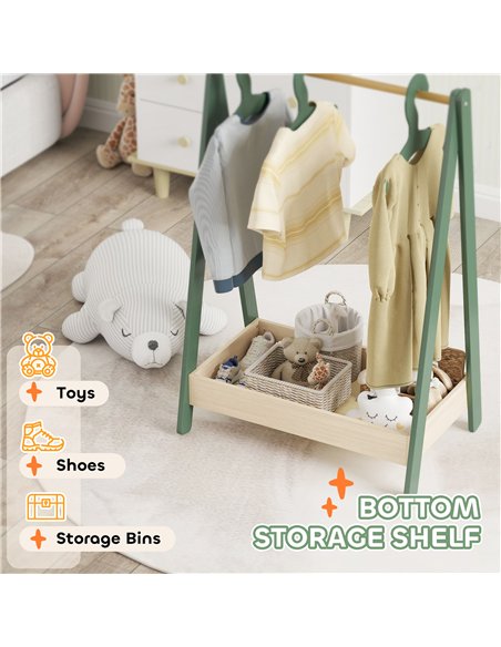 AIYAPLAY Kids Clothes Rail with 3Hangers, Bottom Storage Shelf for Girls, Boys, Nursery, Bedroom, Green - pic 131641 | FastDaddyshop