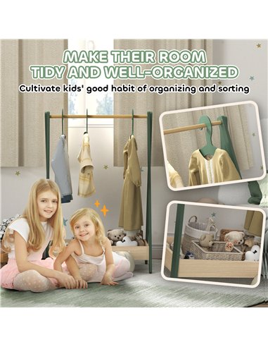 AIYAPLAY Kids Clothes Rail with 3Hangers, Bottom Storage Shelf for Girls, Boys, Nursery, Bedroom, Green