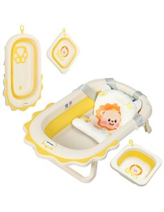 AIYAPLAY Foldable Baby Bath Tub Set with Bath Cushion, Wash Basin, Non-Slip Stand, Bottom, Yellow
