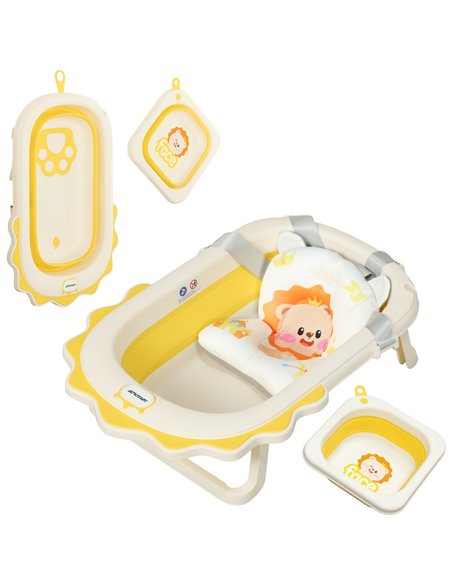 AIYAPLAY Foldable Baby Bath Tub Set with Bath Cushion, Wash Basin, Non-Slip Stand, Bottom, Yellow - pic 131646 | FastDaddyshop