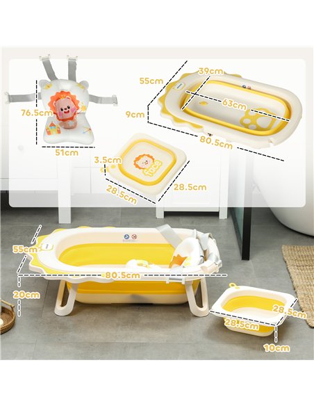 AIYAPLAY Foldable Baby Bath Tub Set with Bath Cushion, Wash Basin, Non-Slip Stand, Bottom, Yellow - pic 131648 | FastDaddyshop