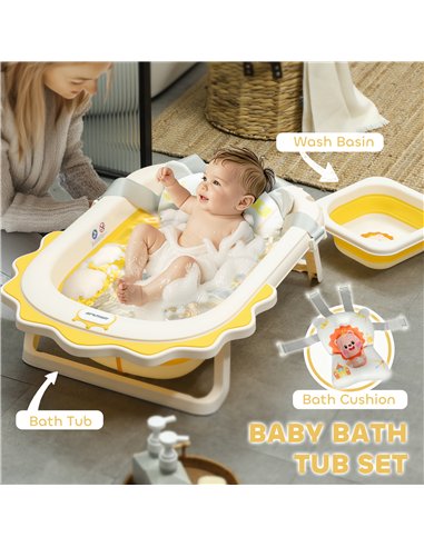 AIYAPLAY Foldable Baby Bath Tub Set with Bath Cushion, Wash Basin, Non-Slip Stand, Bottom, Yellow