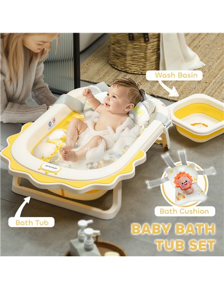 AIYAPLAY Foldable Baby Bath Tub Set with Bath Cushion, Wash Basin, Non-Slip Stand, Bottom, Yellow - pic 131649 | FastDaddyshop