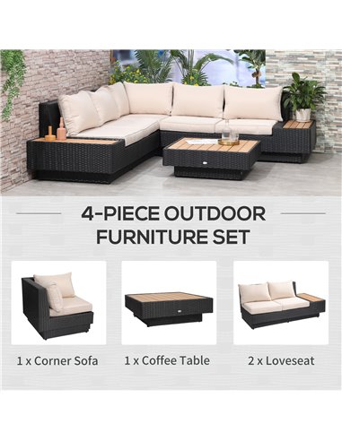 Outsunny 4 PCs Rattan Garden Furniture Corner Sofa and Coffee Table Set, Black