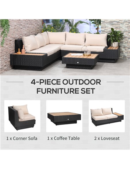 Outsunny 4 PCs Rattan Garden Furniture Corner Sofa and Coffee Table Set, Black - pic 13165 | FastDaddyshop